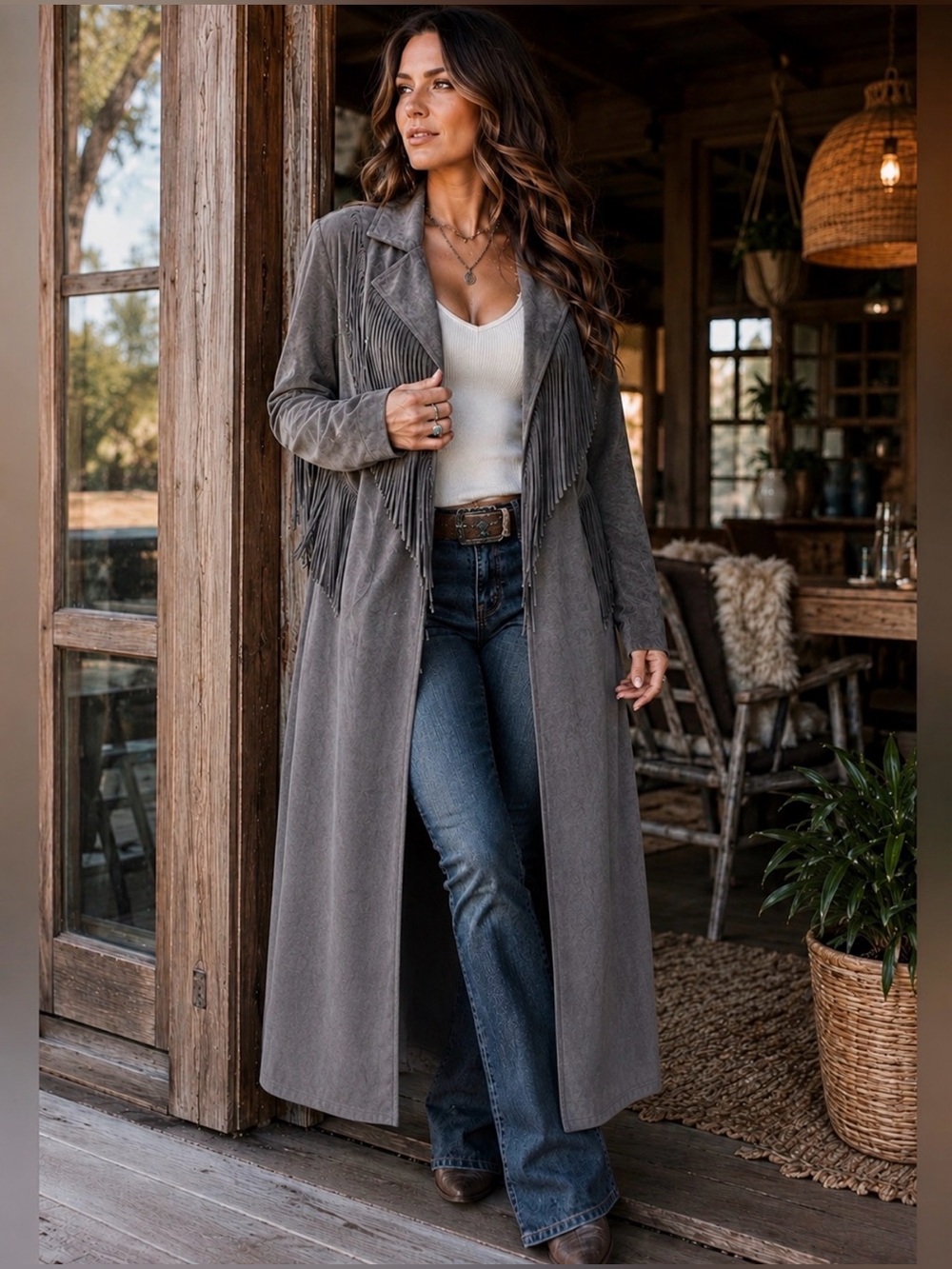 Gray Fringe Soft Faux Suede Duster
